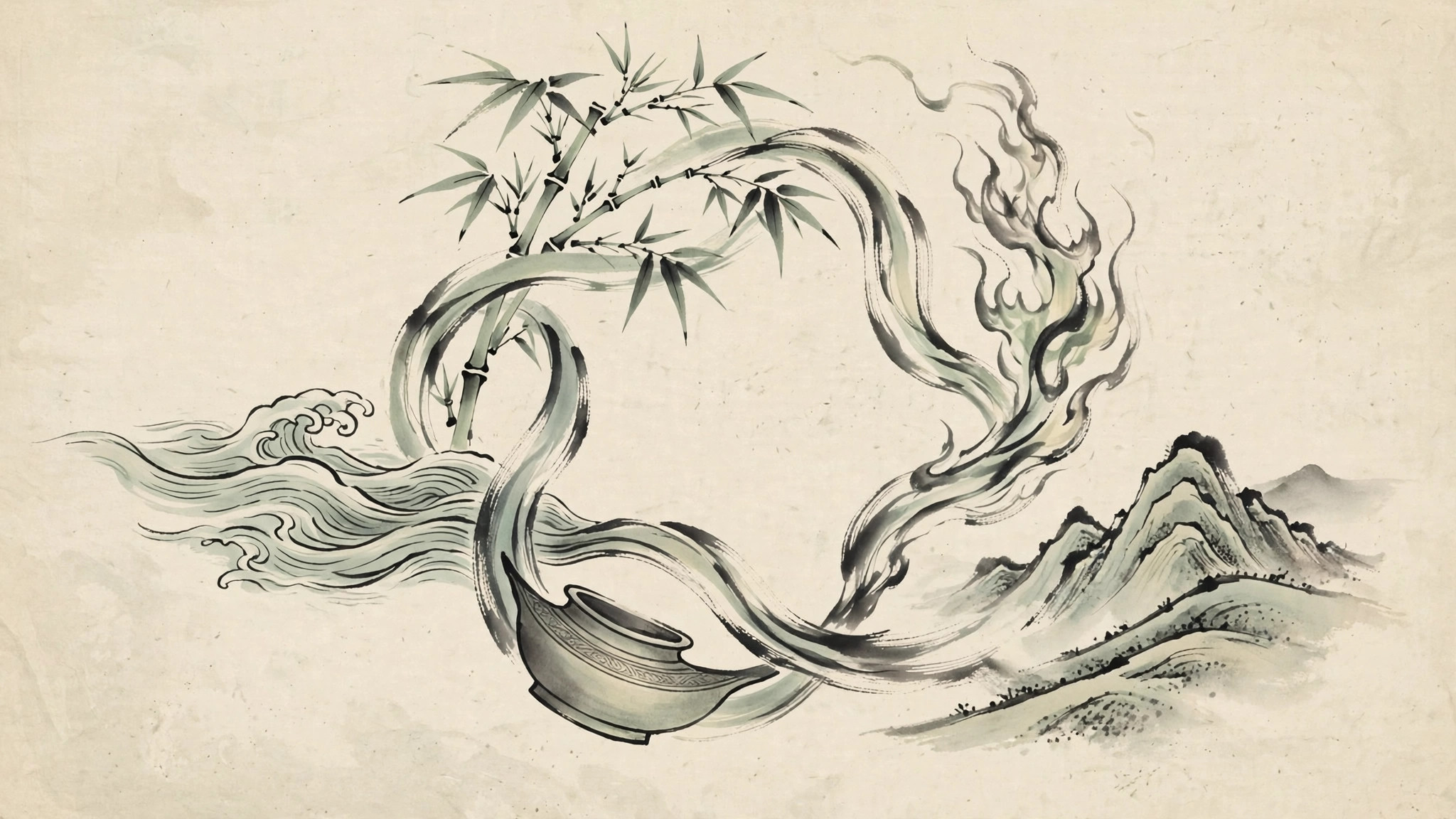 Ink-wash illustration of five flowing brushstroke ribbons representing wood, fire, earth, metal and water in a cycle