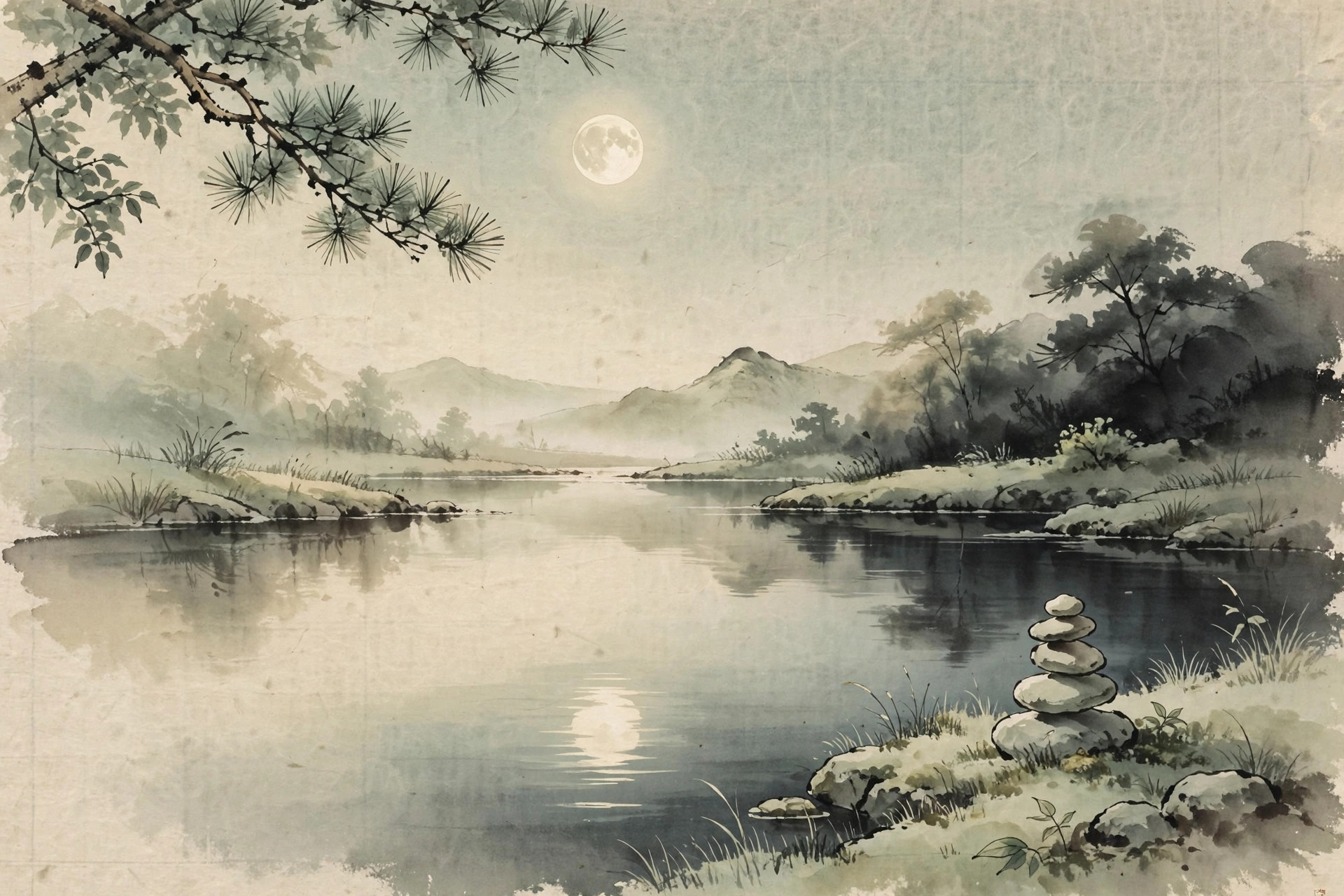 Ink-wash painting of a full moon reflected in a still pond with a balanced stone cairn on the shore