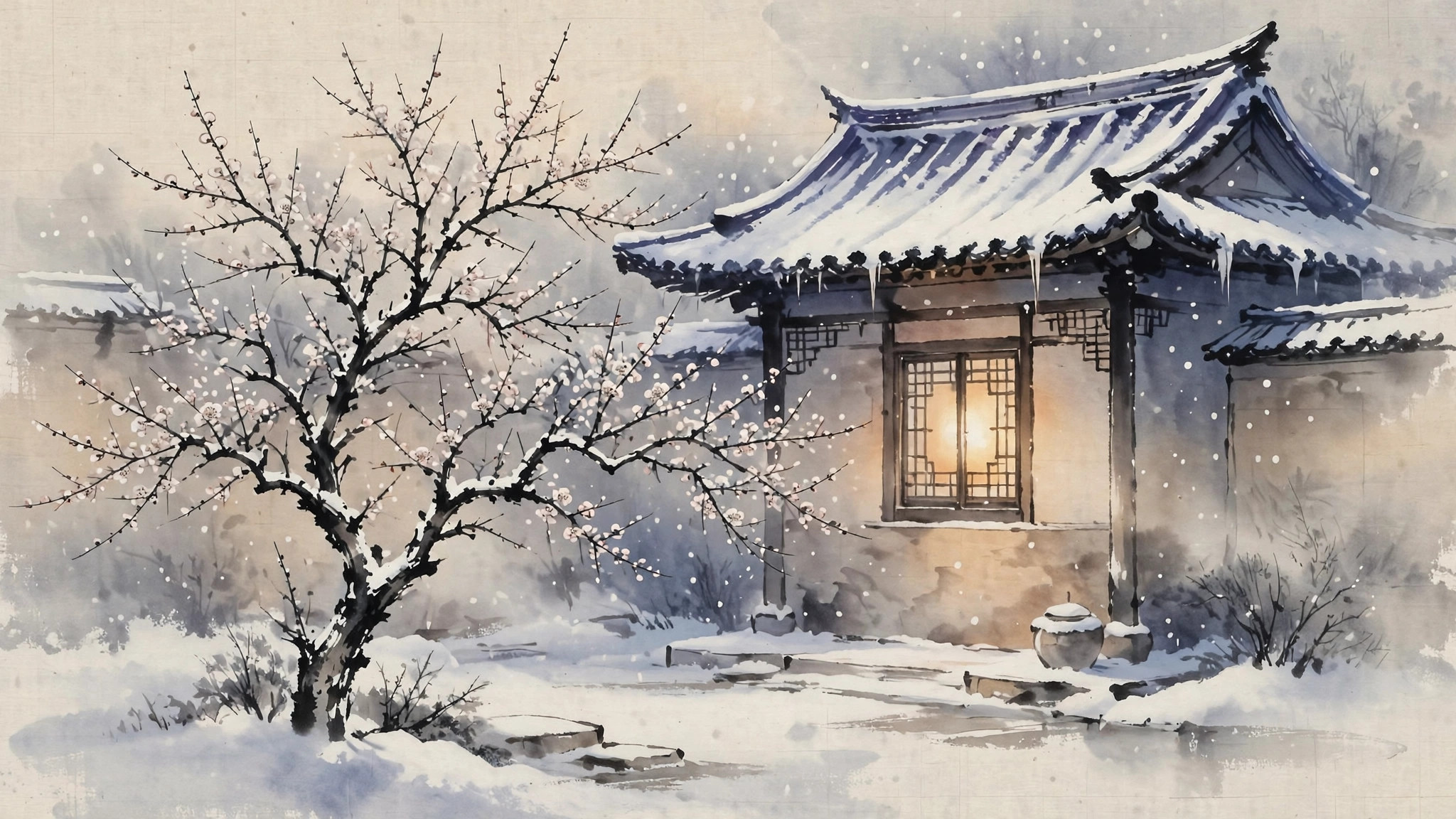 Ink-wash painting of a snow-covered courtyard with plum blossom and warm lamplight in a window