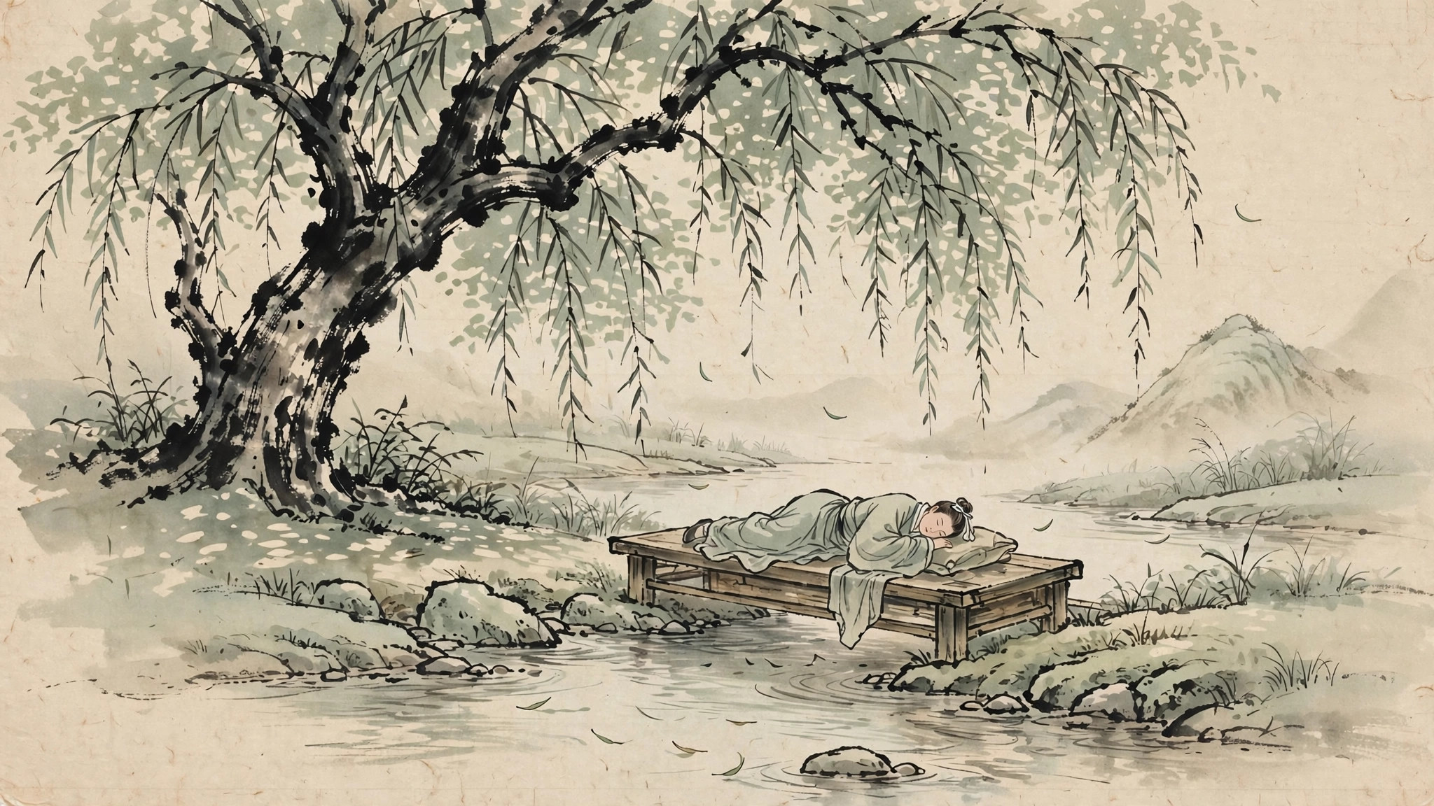 Ink-wash painting of a figure resting on a bench beneath a willow tree by a quiet stream
