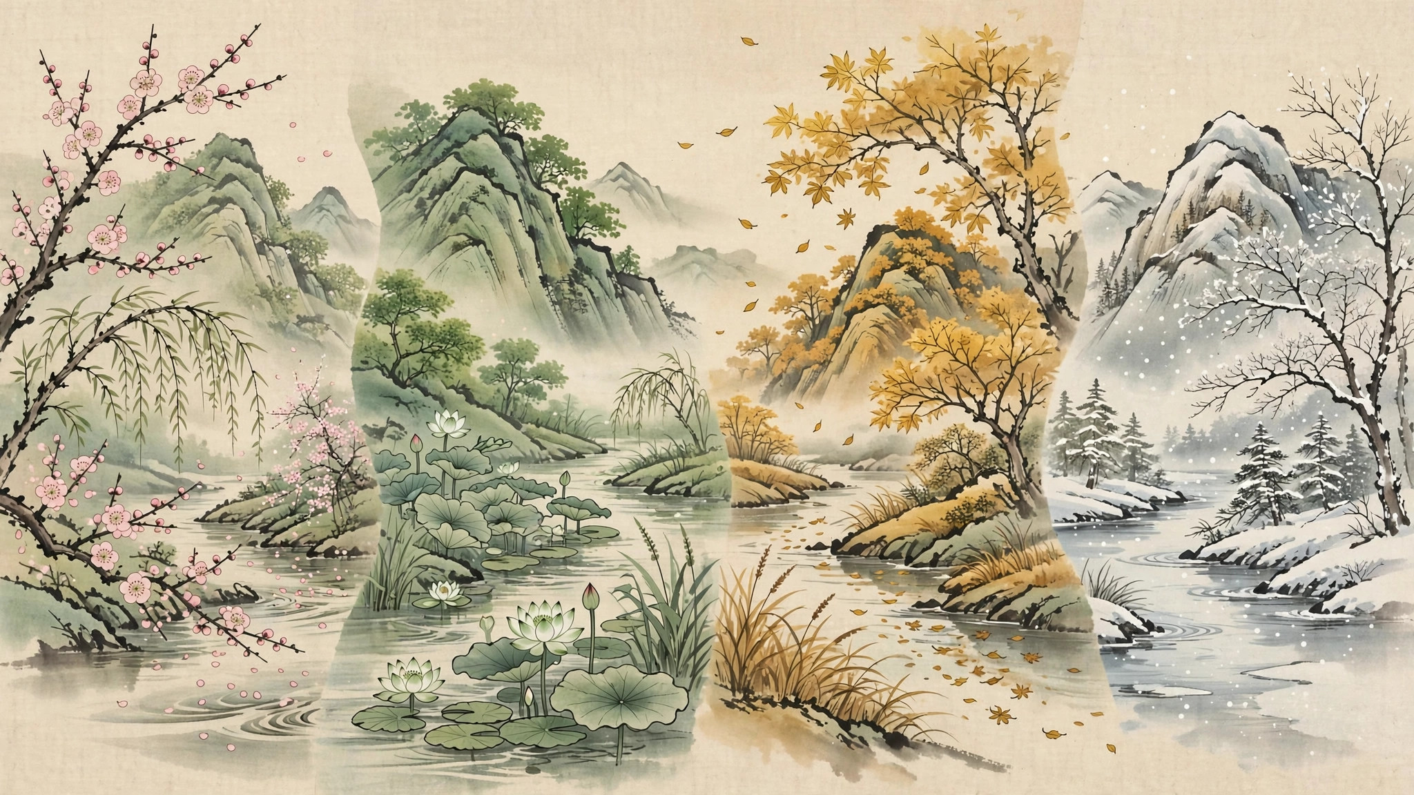 Ink-wash landscape showing one mountain and river across spring, summer, autumn and winter