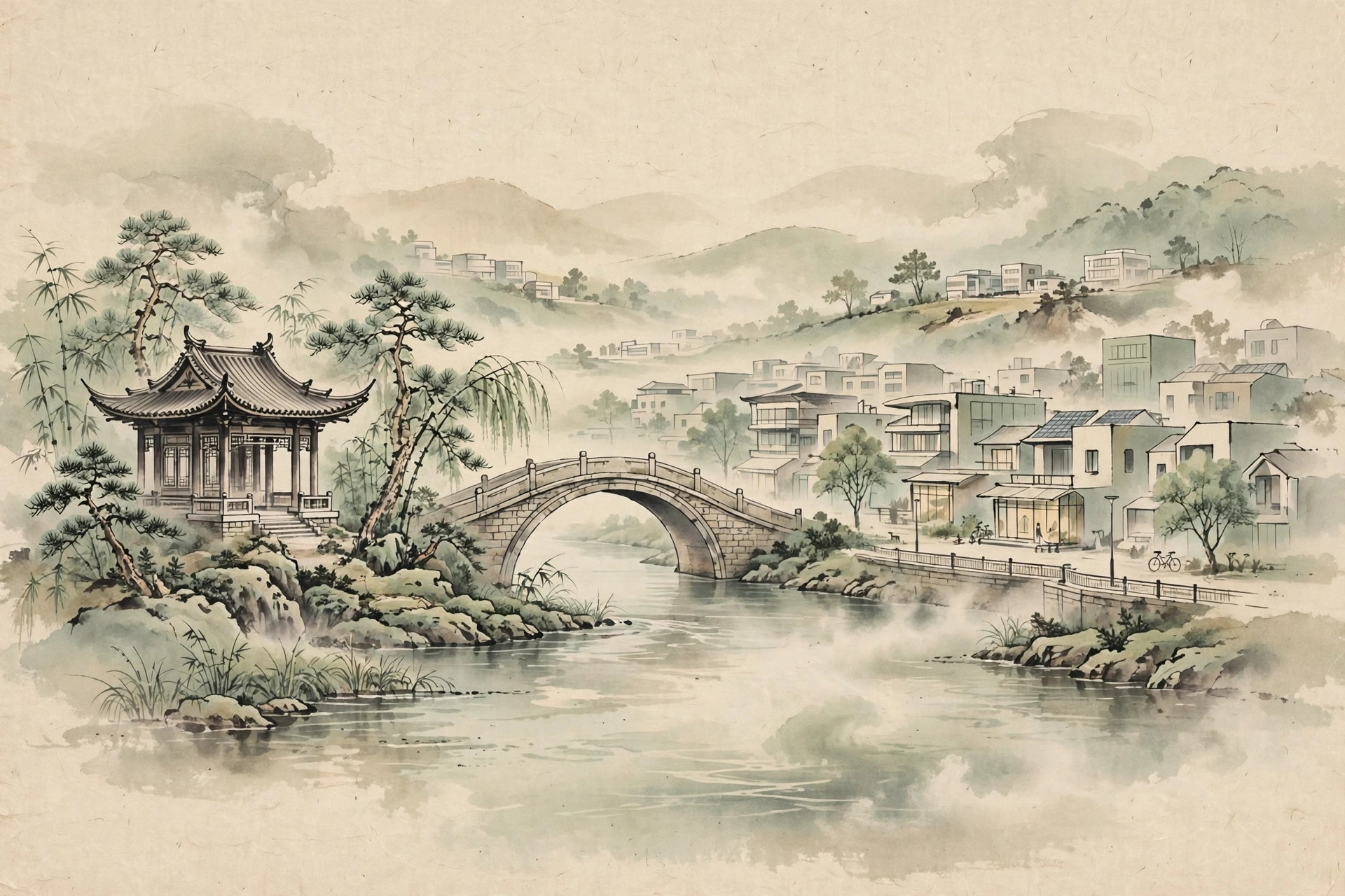Ink-wash painting of a stone bridge connecting a traditional pavilion with a modern riverside town