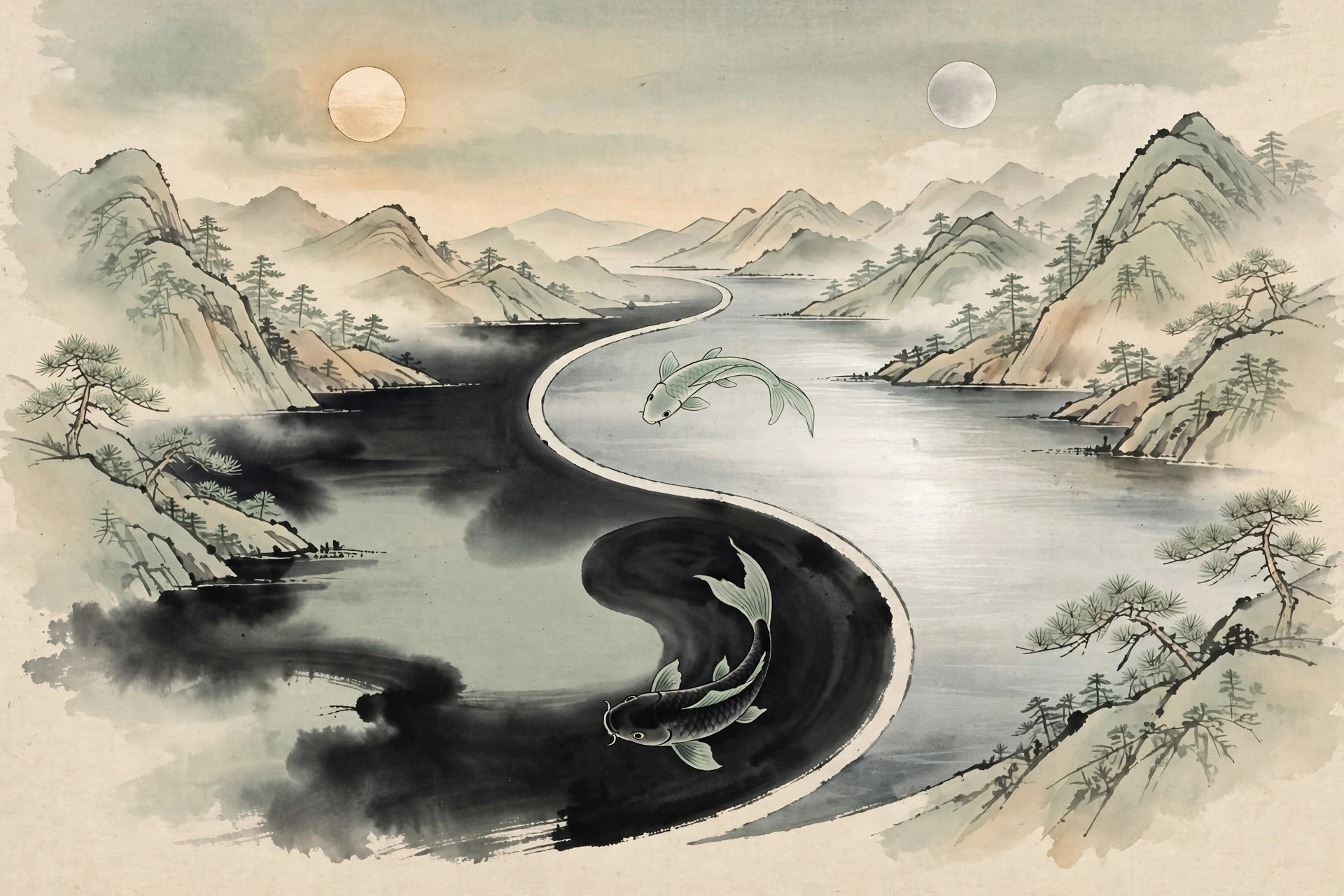 Ink-wash painting of a mountain lake at dusk with sun and moon sharing the sky