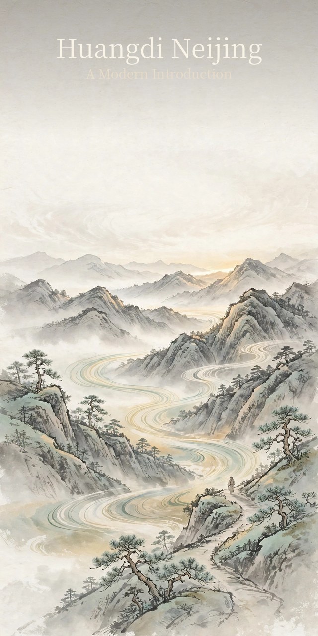 Huangdi Neijing: A Modern Introduction — book cover, ink-wash mountains and river