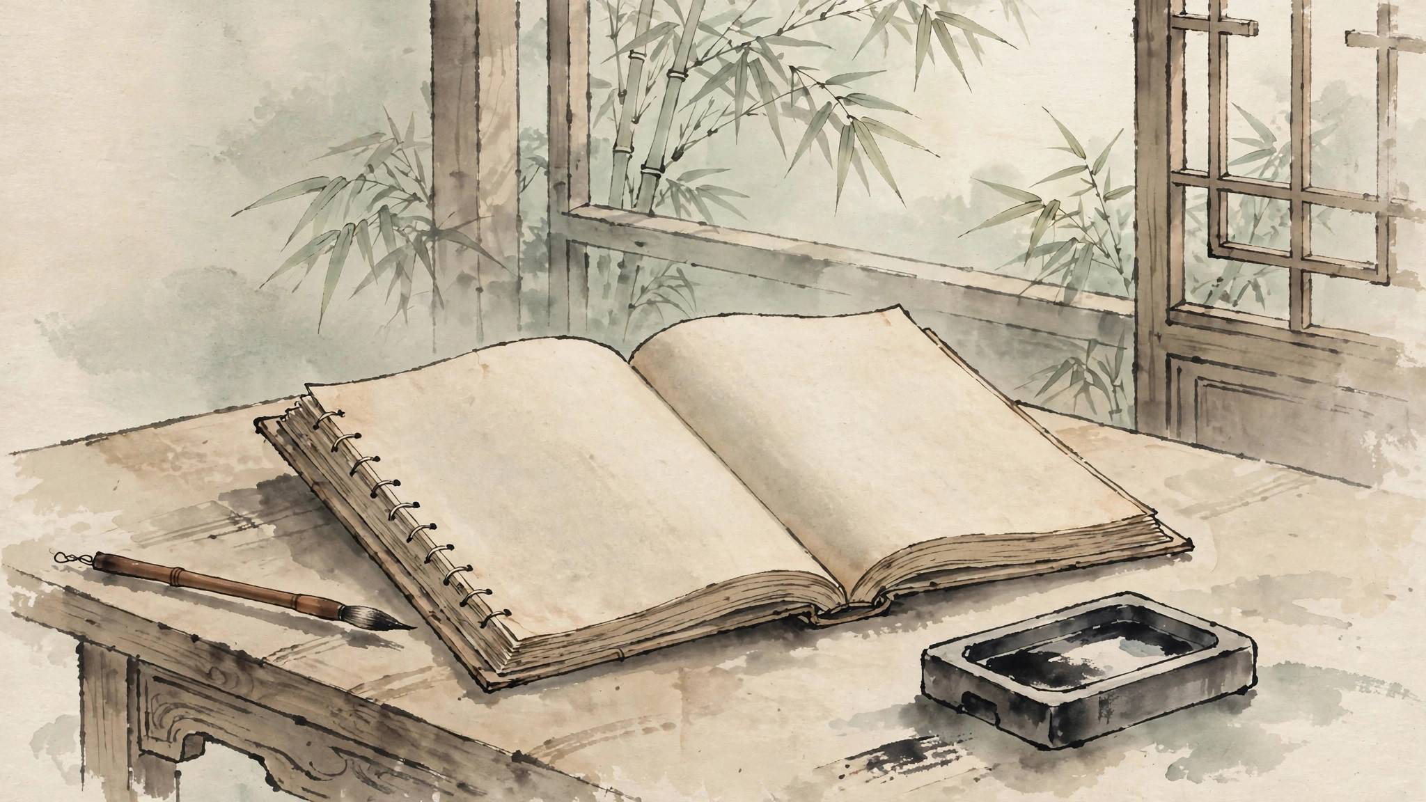 Ink-wash painting of an open thread-bound ancient book on a scholar's desk beside brush and inkstone