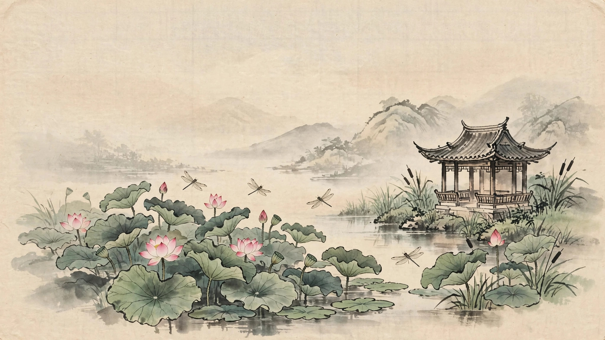 Ink-wash painting of a lotus pond in full summer bloom with a small pavilion at the edge
