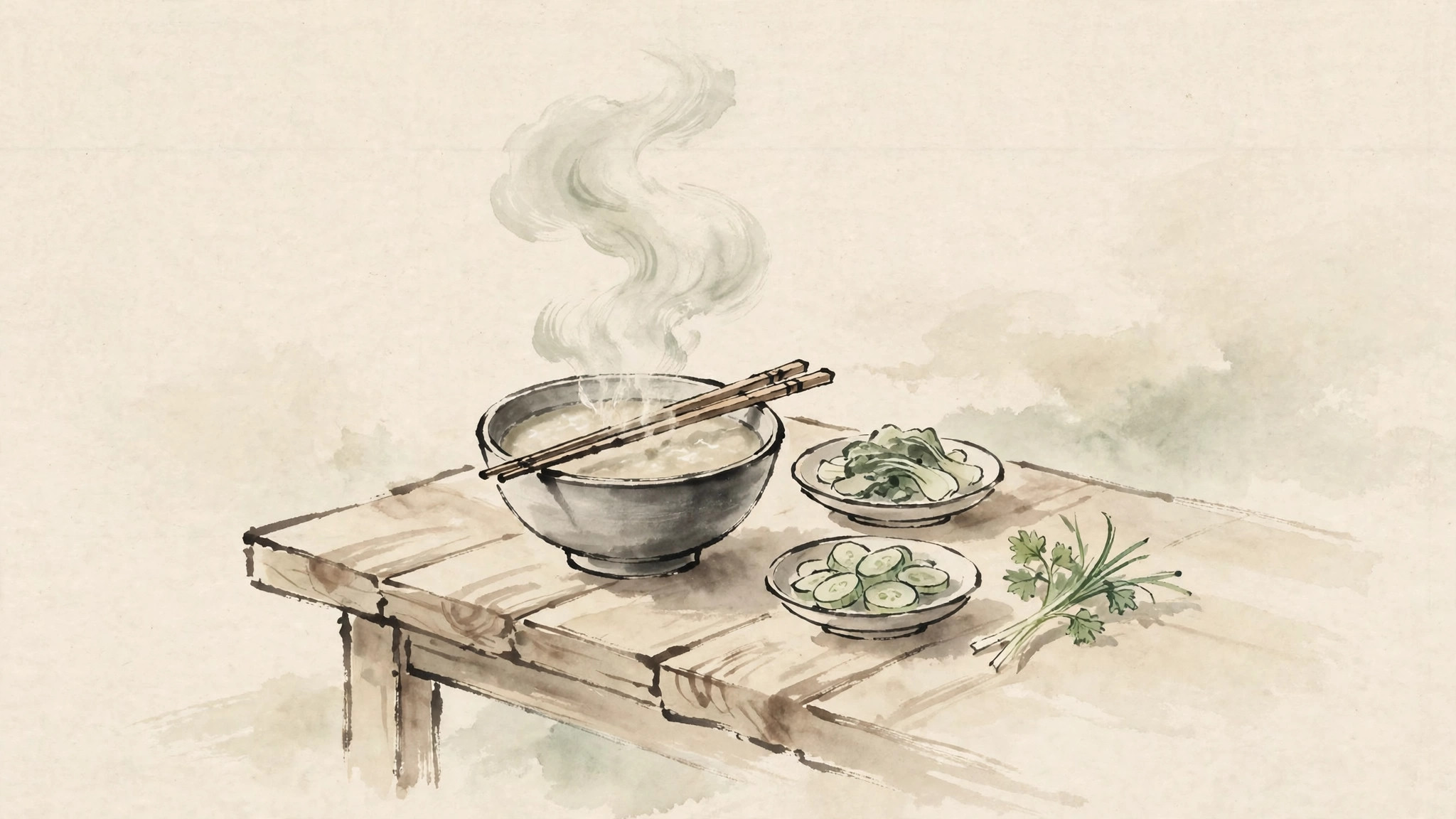 Ink-wash painting of a simple Chinese meal with steaming congee and seasonal vegetables on a rustic table