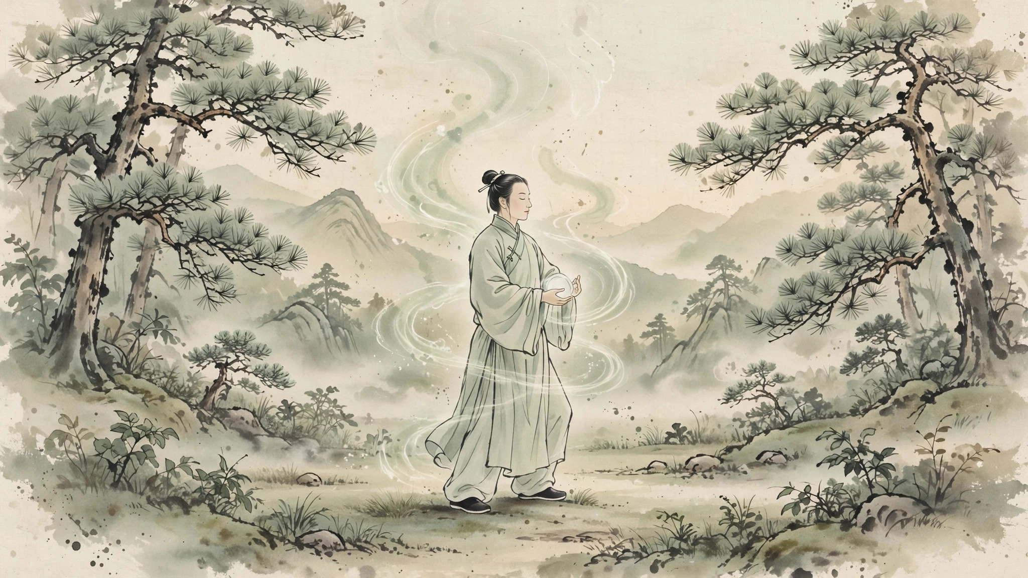 Ink-wash painting of a qigong practitioner standing rooted in a forest clearing at dawn