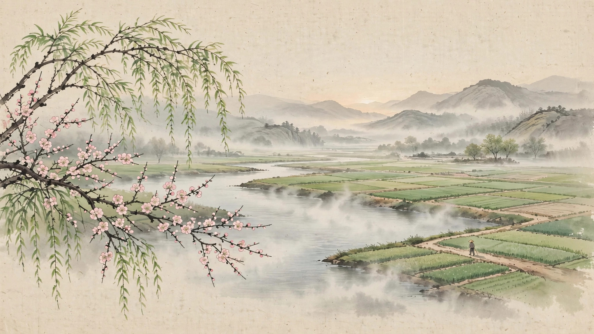 Ink-wash painting of spring blossoms over a misty river with new green willow shoots