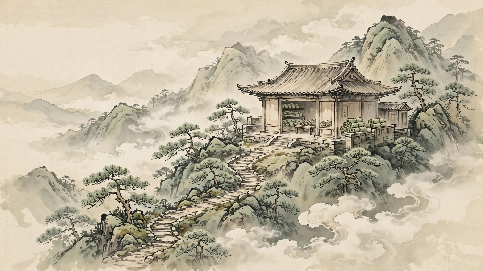 Ink-wash painting of an ancient temple hall on a misty mountain with a winding stone path