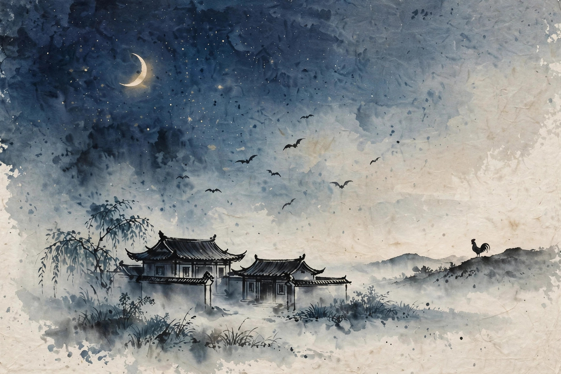Ink-wash night scene of a crescent moon and stars over a quiet traditional courtyard house