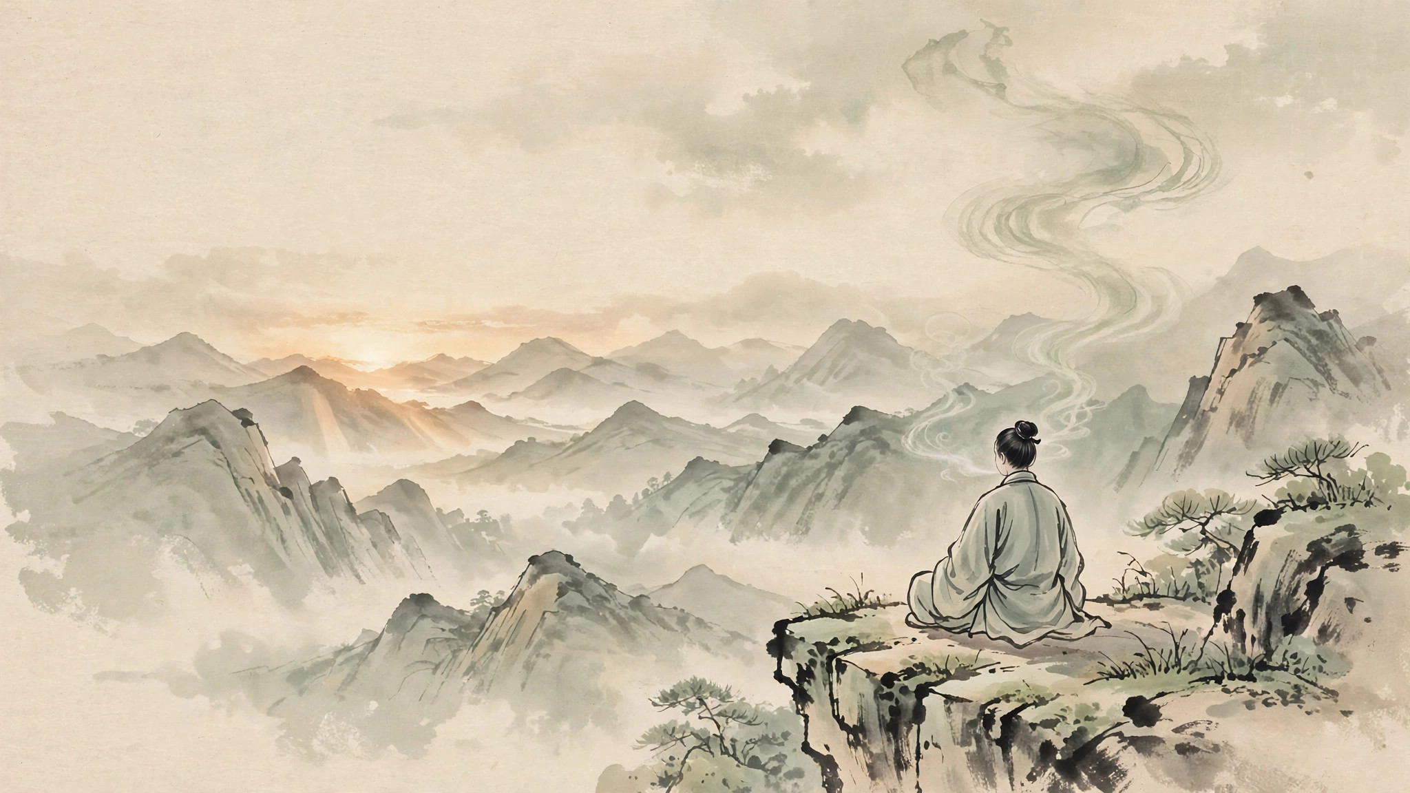 Ink-wash painting of a meditator on a cliff edge at dawn with mist rising like breath