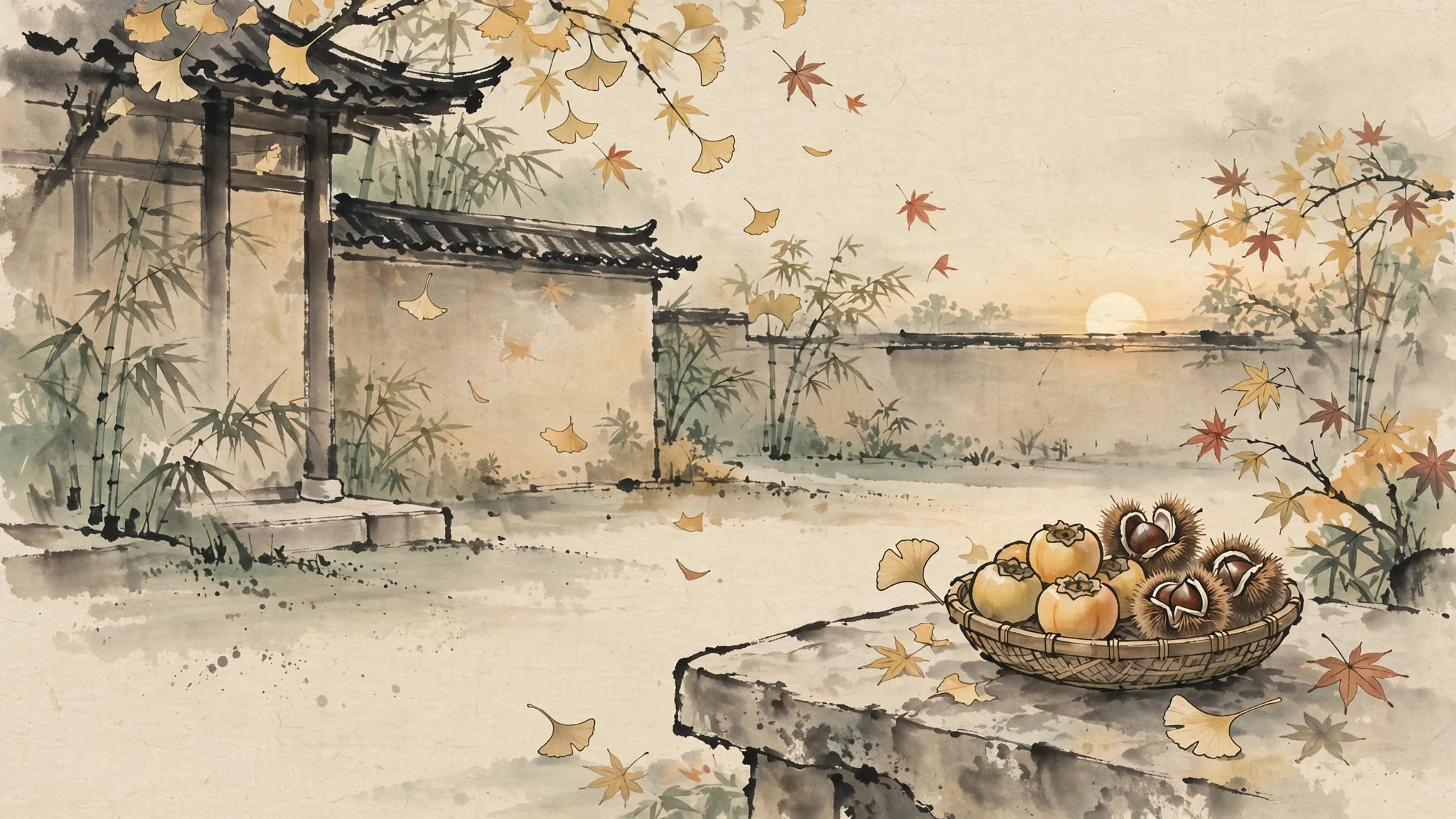 Ink-wash painting of golden autumn leaves drifting over a courtyard with harvested persimmons