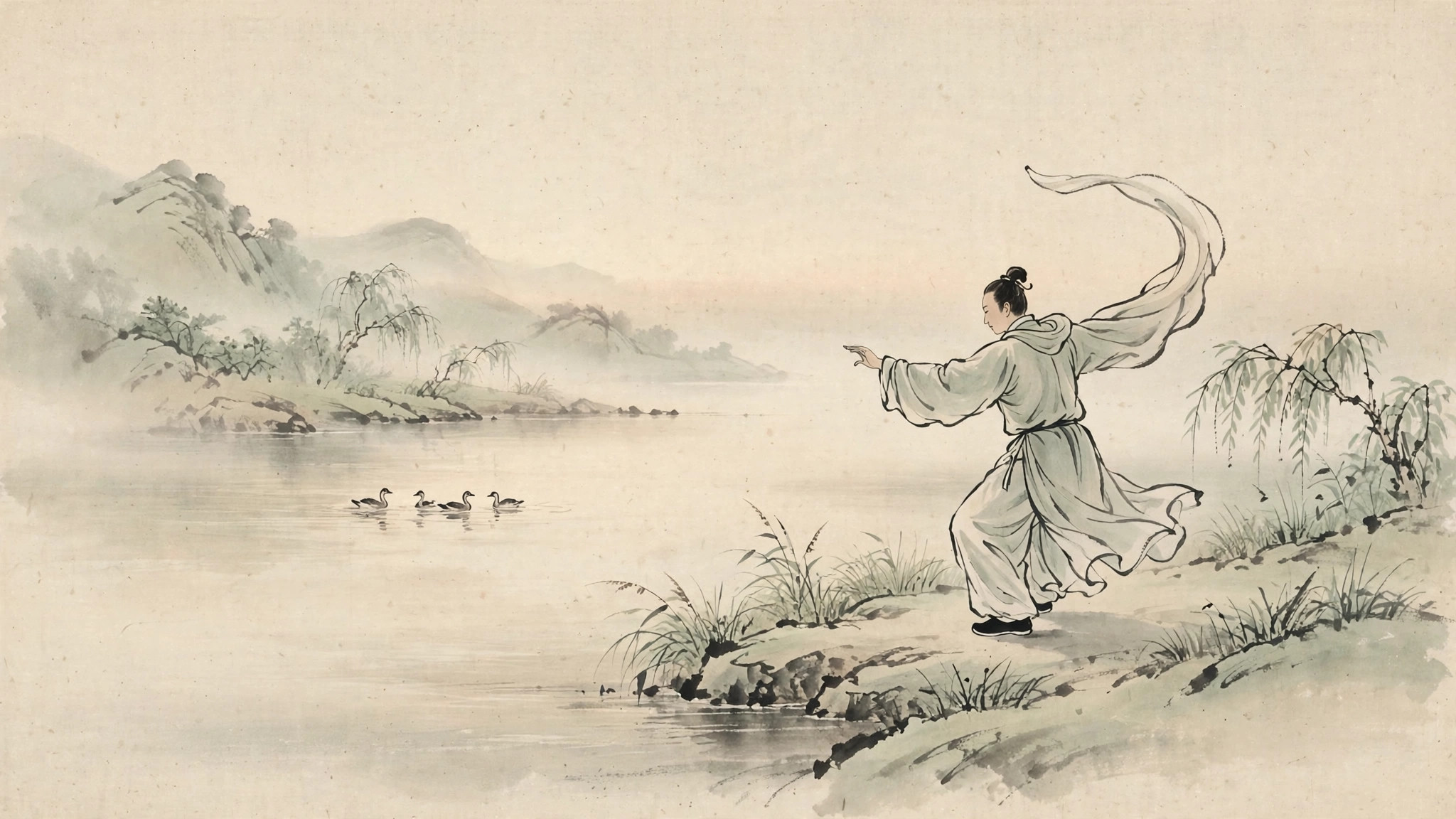 Ink-wash painting of a tai chi practitioner in flowing robes on a misty lakeshore at sunrise