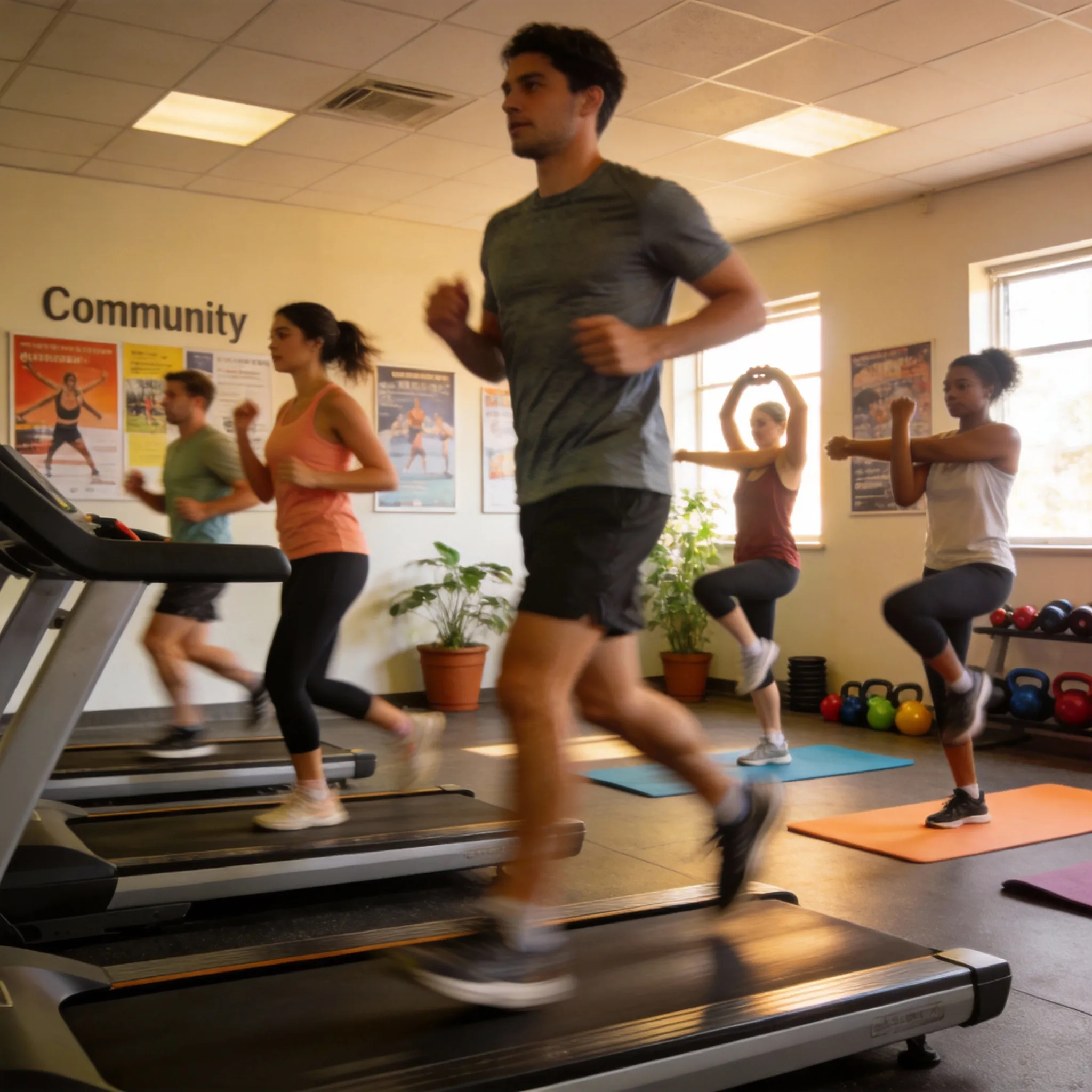 Post-workout cooldown with community gym equipment