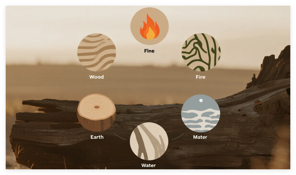 Five interconnected circles showing wood fire earth metal water elements in natural colors