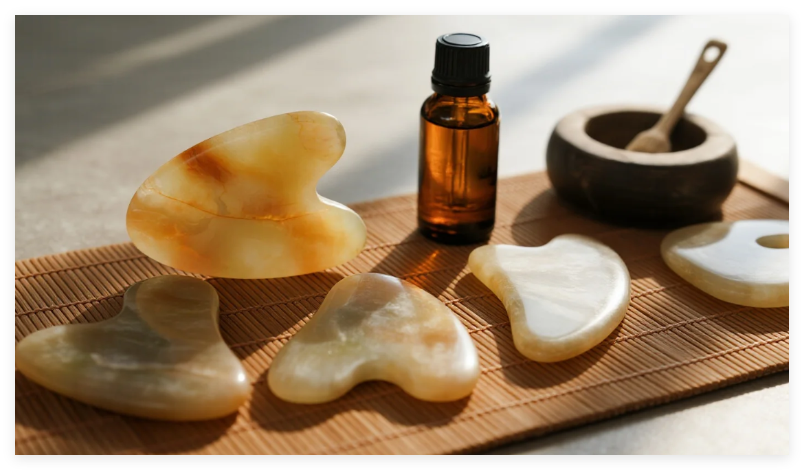 Traditional gua sha stone tools arranged on natural bamboo mat with healing oils