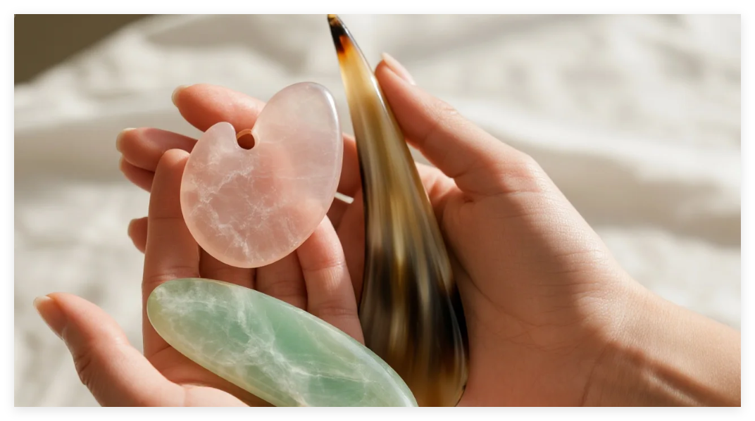 Close up hands holding different gua sha tools jade rose quartz buffalo horn