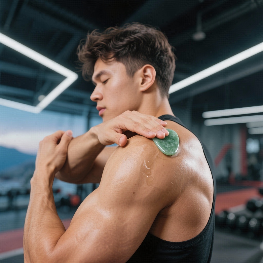 Gua Sha for muscle soreness relief on a person's back after exercise