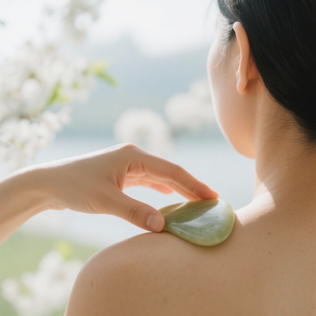 Gua Sha Seasonal Wellness, different scraping tools and hands performing Gua Sha on a leg.