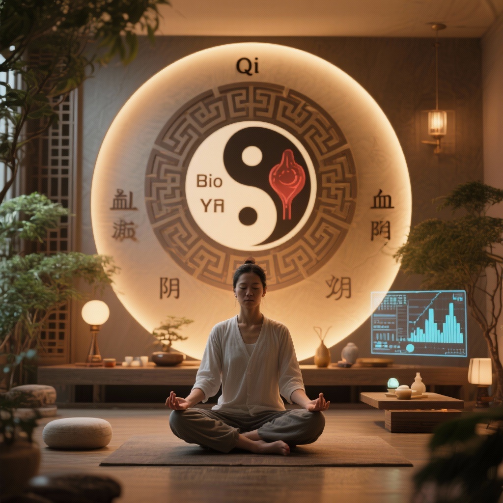 Qi Blood Yin Yang Balance with intricate symbols and a serene person meditating.