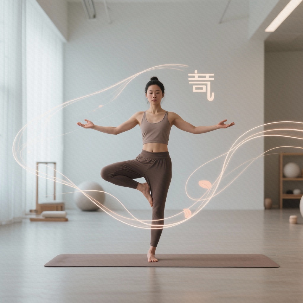Qi Blood Yin Yang Balance with a healthy individual practicing gentle exercise in nature.