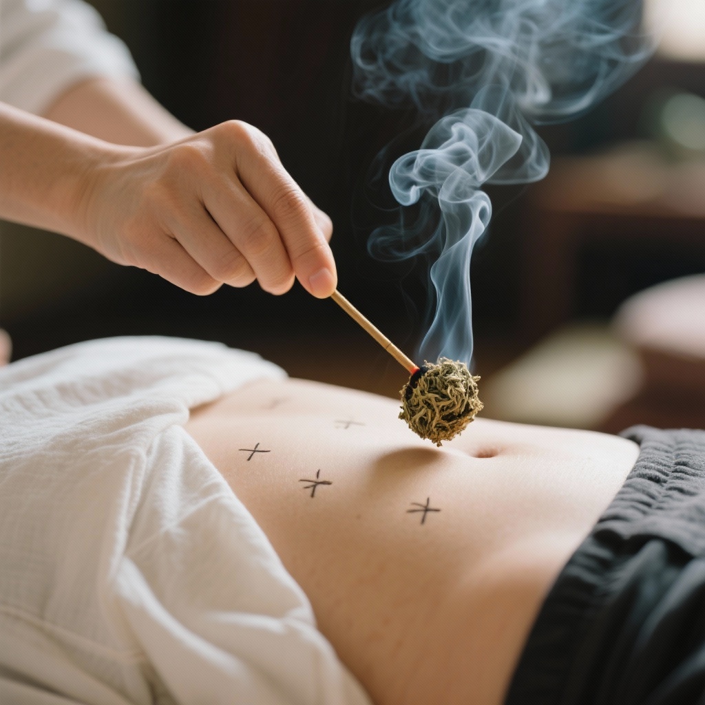 Person performing moxibustion on acupoints for harmonizing Qi and Blood