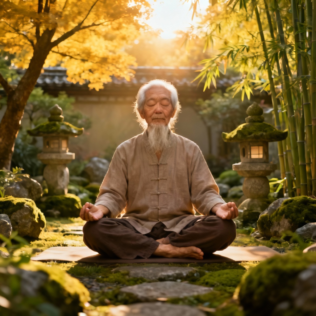 Vibrant elder embodying Qi and Blood Longevity, smiling outdoors