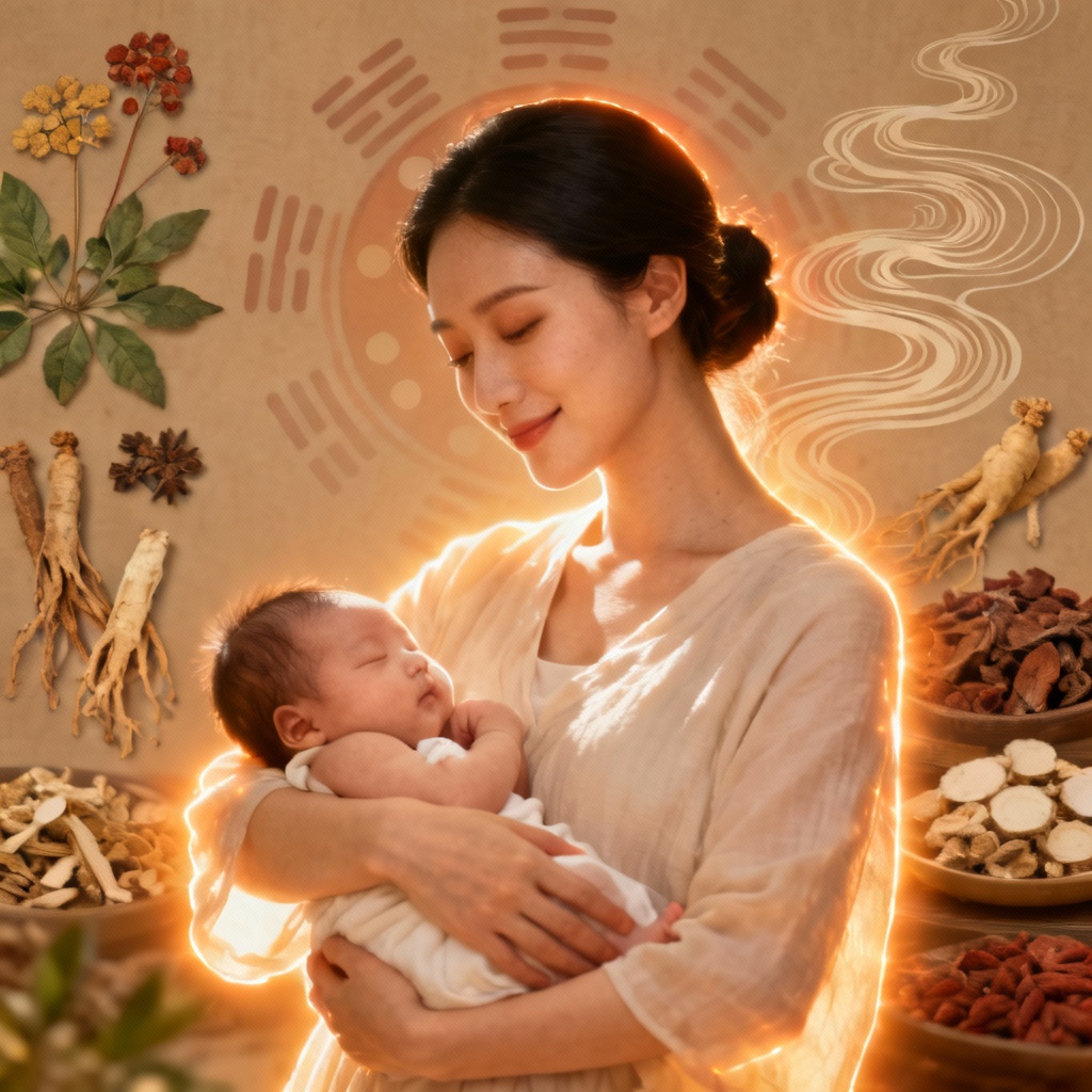 Joyful new mom embracing her Postpartum Qi and Blood Recovery journey