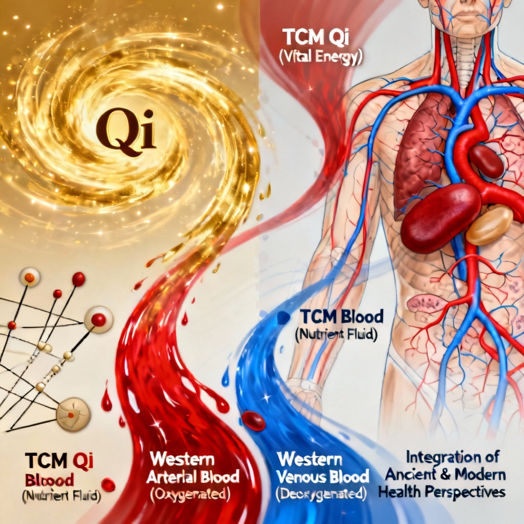 Qi and Blood vs. Blood Circulation diagram contrasting systems