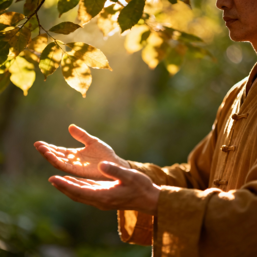 Person doing gentle Qigong movements outdoors, focusing on balance