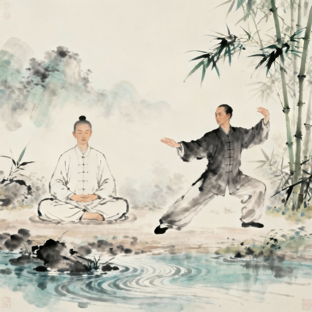 Person doing a slow Qigong posture contrasted with a dynamic Tai Chi move.