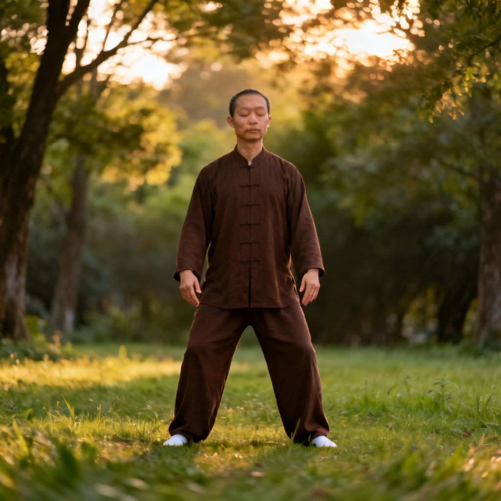 Man practicing Zhan Zhuang, focusing on relaxed posture and deep breathing.