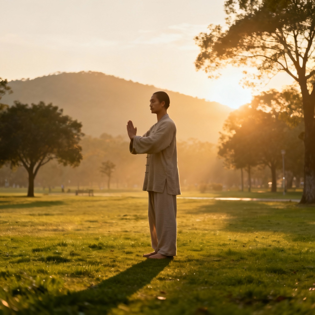 Person doing Zhan Zhuang Qigong foundational practice in a peaceful setting.