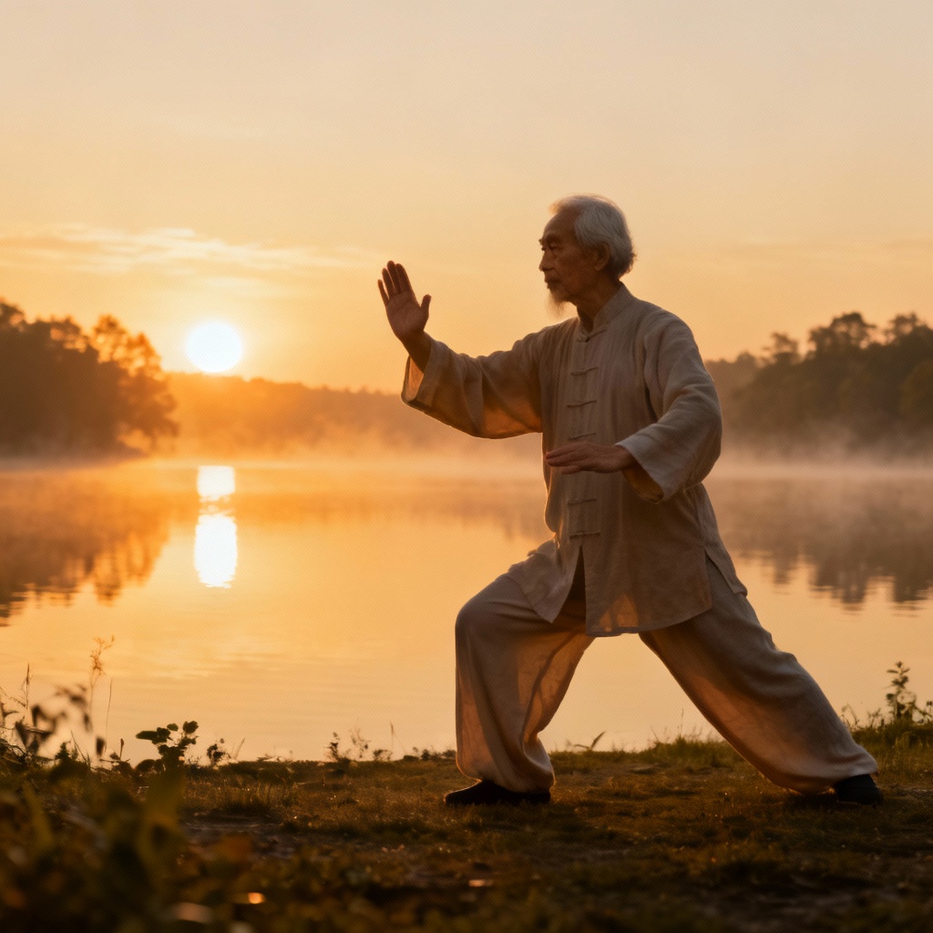 Tai Chi core principles practitioner calm focus at sunrise