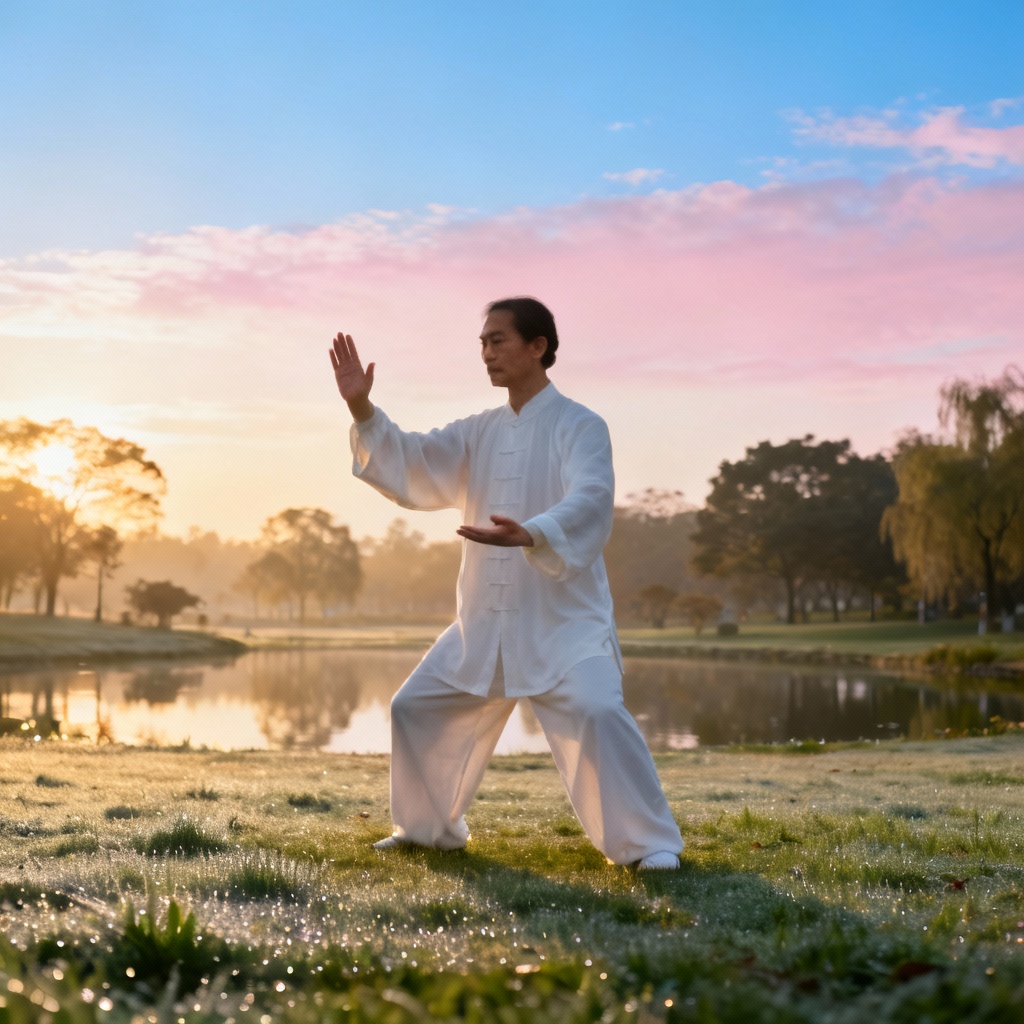 A martial Qigong practitioner demonstrating a powerful, focused stance with internal energy.