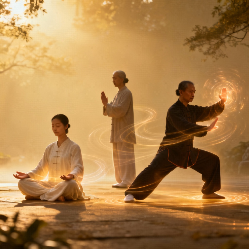 Types of Qigong practitioners engaging in calm, healing, and martial arts movements.