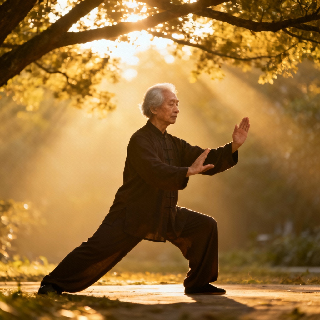 Qigong practitioner performing gentle movements outdoors