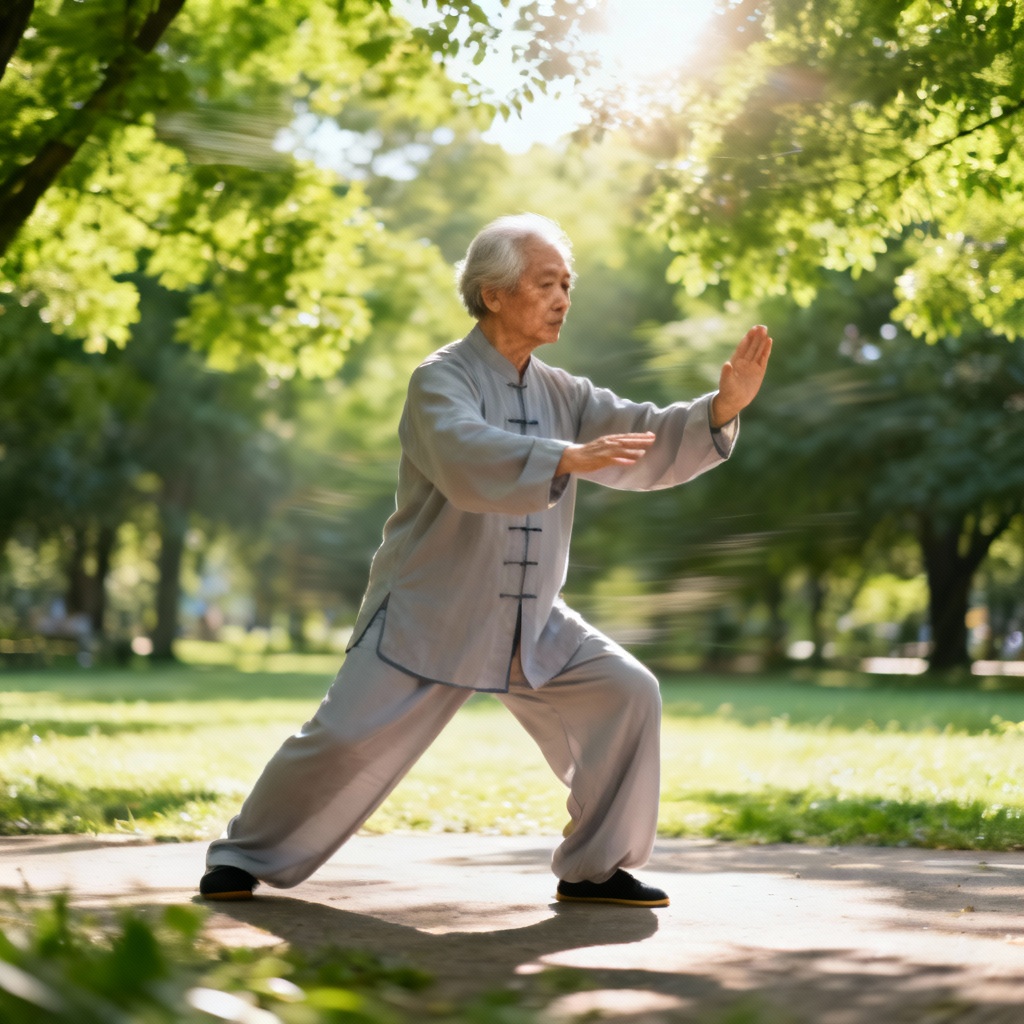Tai Chi for elderly balance, serene outdoor practice.