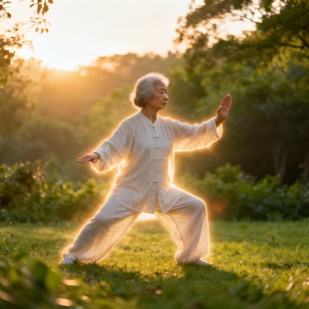 Tai Chi Chronic Pain relief, calm movements outdoors.
