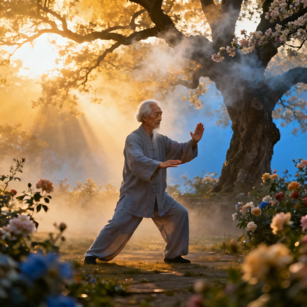 Tai Chi longevity practice, tranquil centenarian exercising outdoors.