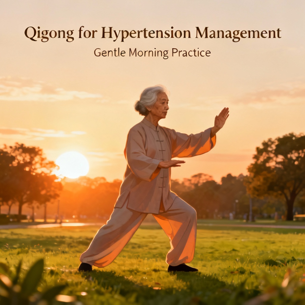 Qigong for Hypertension Management, a practitioner doing gentle movements in a park.