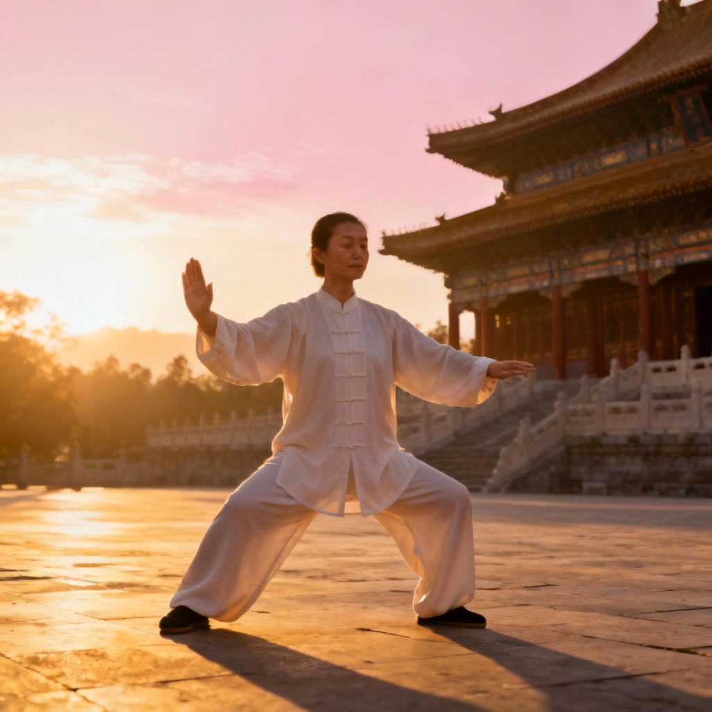Qigong for Anxiety: serene woman practices outdoors, finding peace.