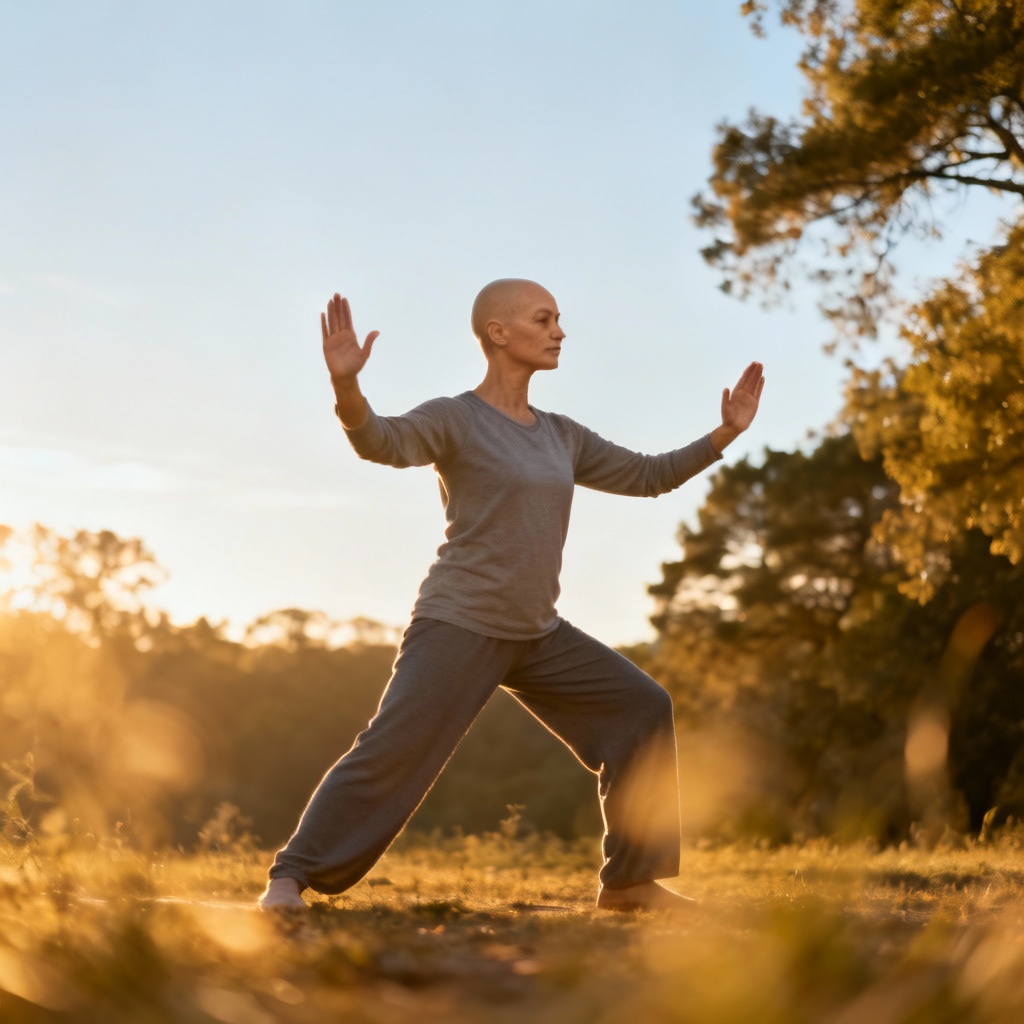 Tai Chi Cancer Recovery participant performing graceful movements at sunrise.