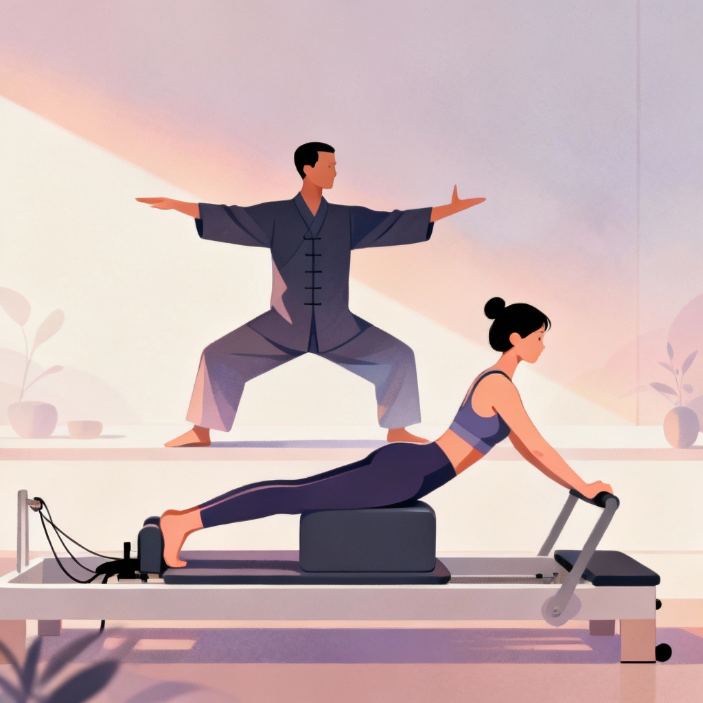 Tai Chi and Pilates core exercises, focused and controlled movements