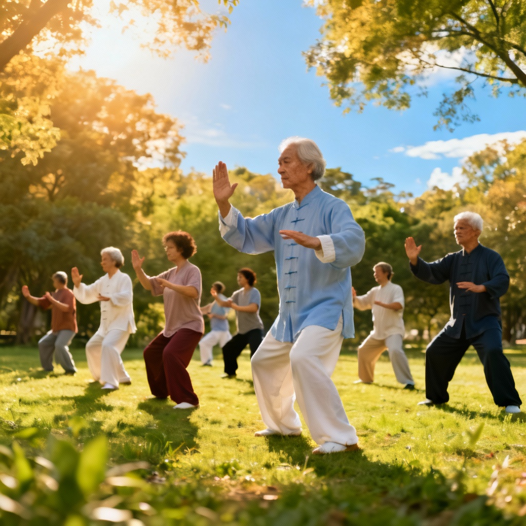 Tai Chi Global Fitness: Diverse group practicing gentle movements outdoors