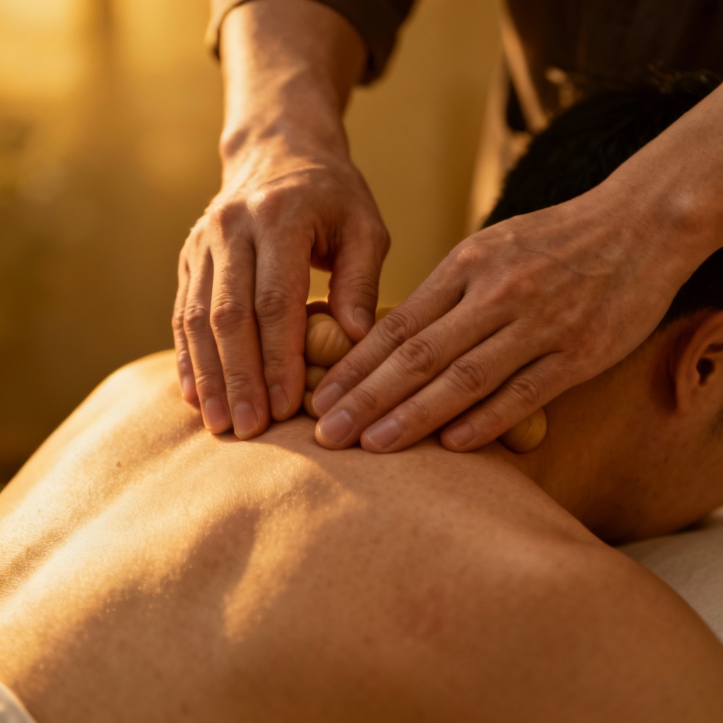 Therapist applying Tuina techniques to an arm, promoting circulation.