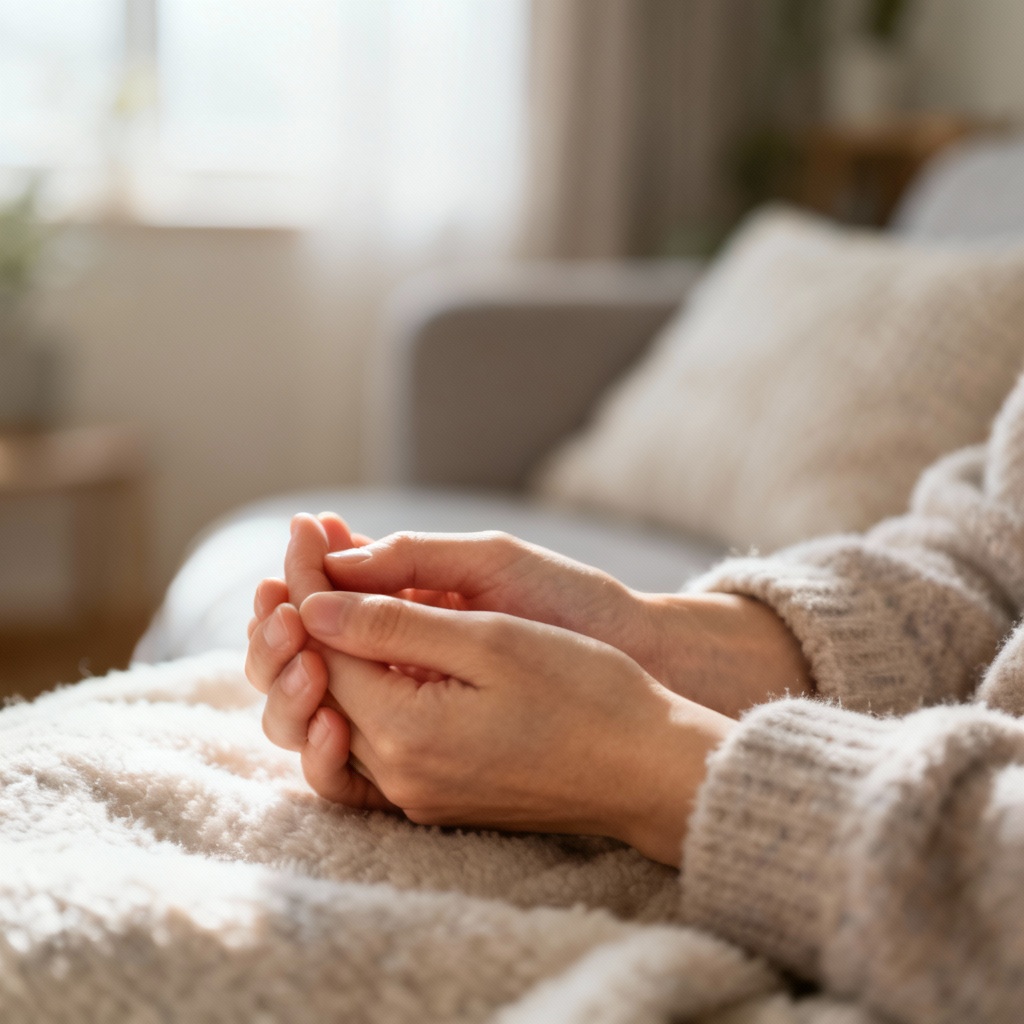 person demonstrating simple self-massage on shoulder for quick relief