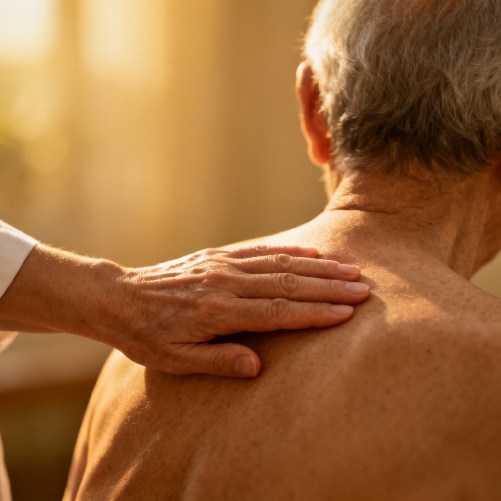 Elderly Massage Precautions: Senior receiving gentle back massage.