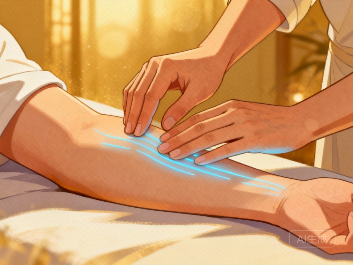 Tuina for Lymphatic Drainage gentle pressure on a leg for circulation.